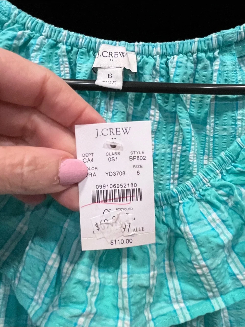 NWT J.Crew Seersucker Ruffle Neck Dress Radiant Aqua Size 6